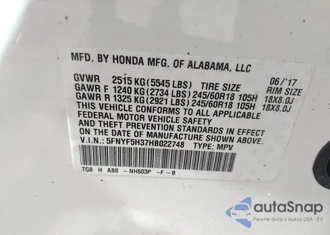 2017 Honda Pilot Ex from USA, damaged, VIN 5FNYF5H37HB022748